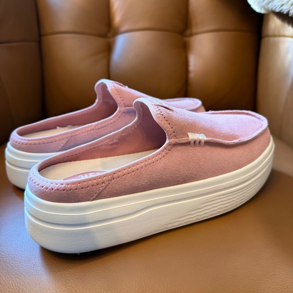 Hey Dude Shoes - Hey Dude Austin Lift Classic Rosette Pink Suede Platform Mules Women's 7 NEW